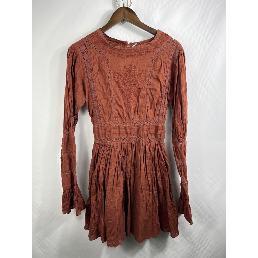Free People Fall Embroidered Lace Victorian Bronze‎ Mini Dress 6 - Picture 7 of 14